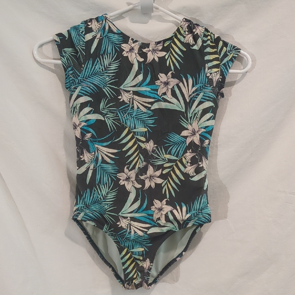 Art Class | Cap Sleeve Open Back Swimsuit Olive Floral Ribbed | M (7/8)